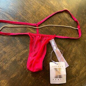 NWT Savage X Fenty Red Thong with gold Chain Medium Sheer Glitter Stars